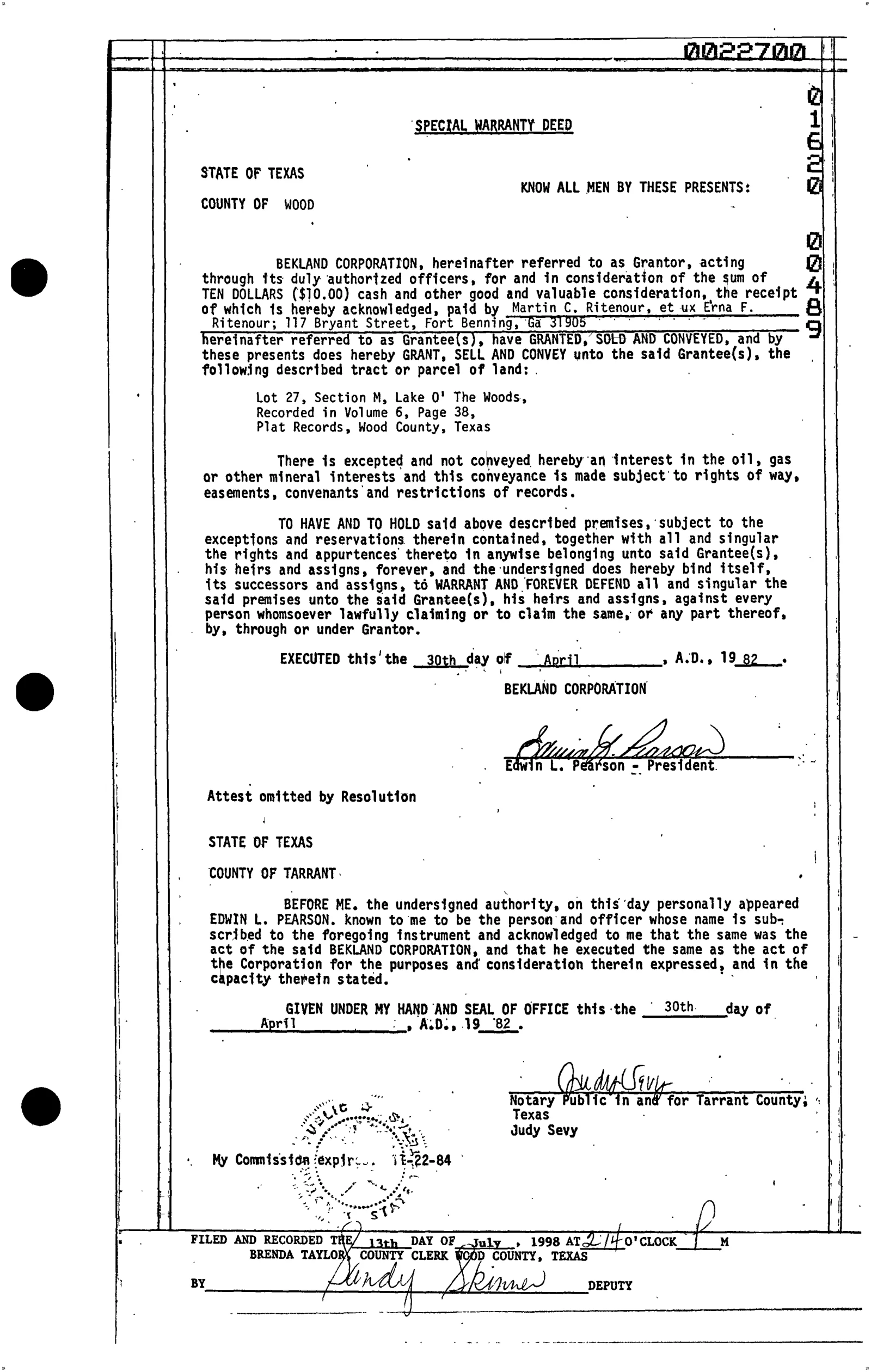 Bekland Corp - Recorded Warranty Deed (Vol. 1620, Page 489)