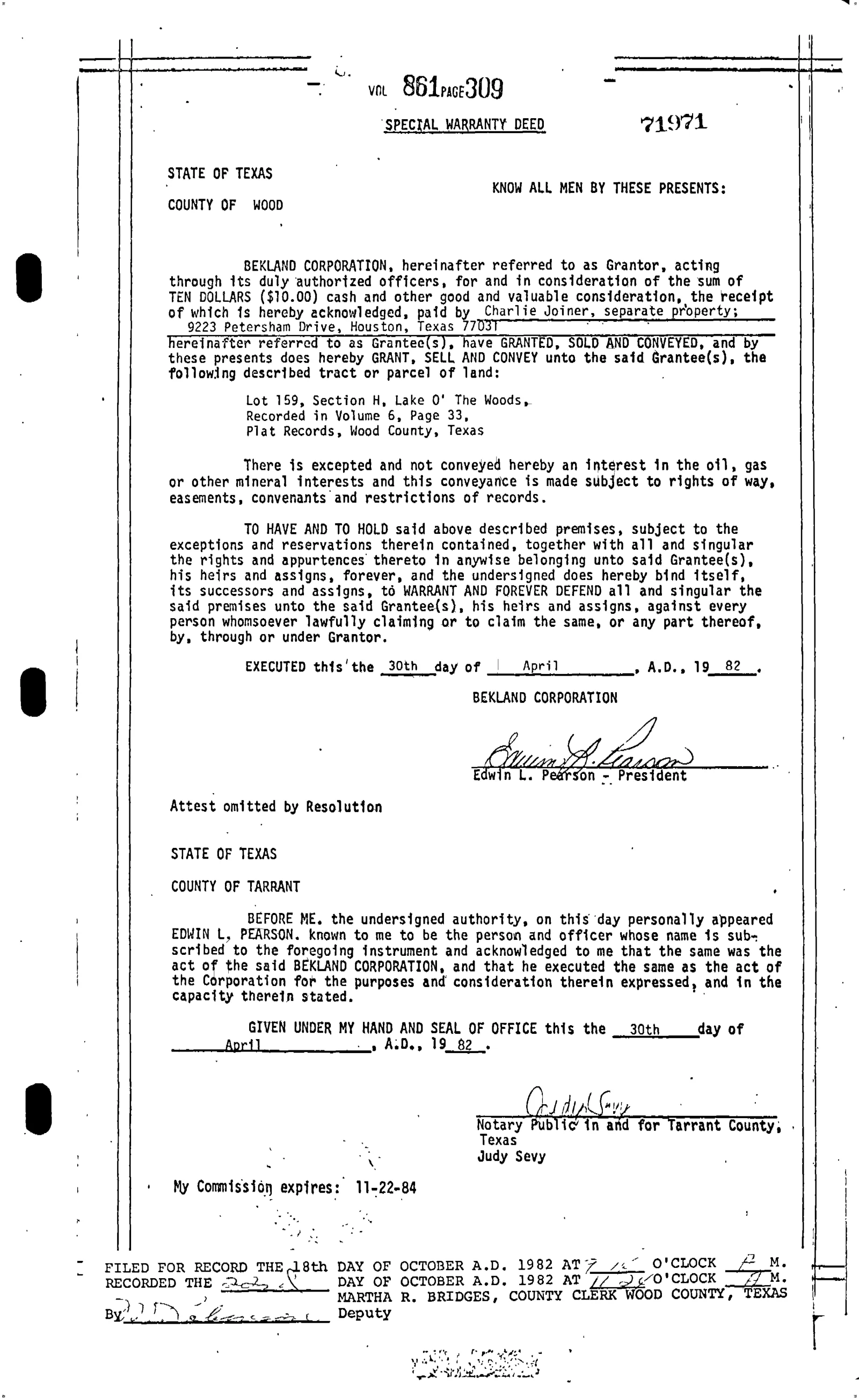 Bekland Corp - Recorded Warranty Deed (Vol. 861, Page 309)